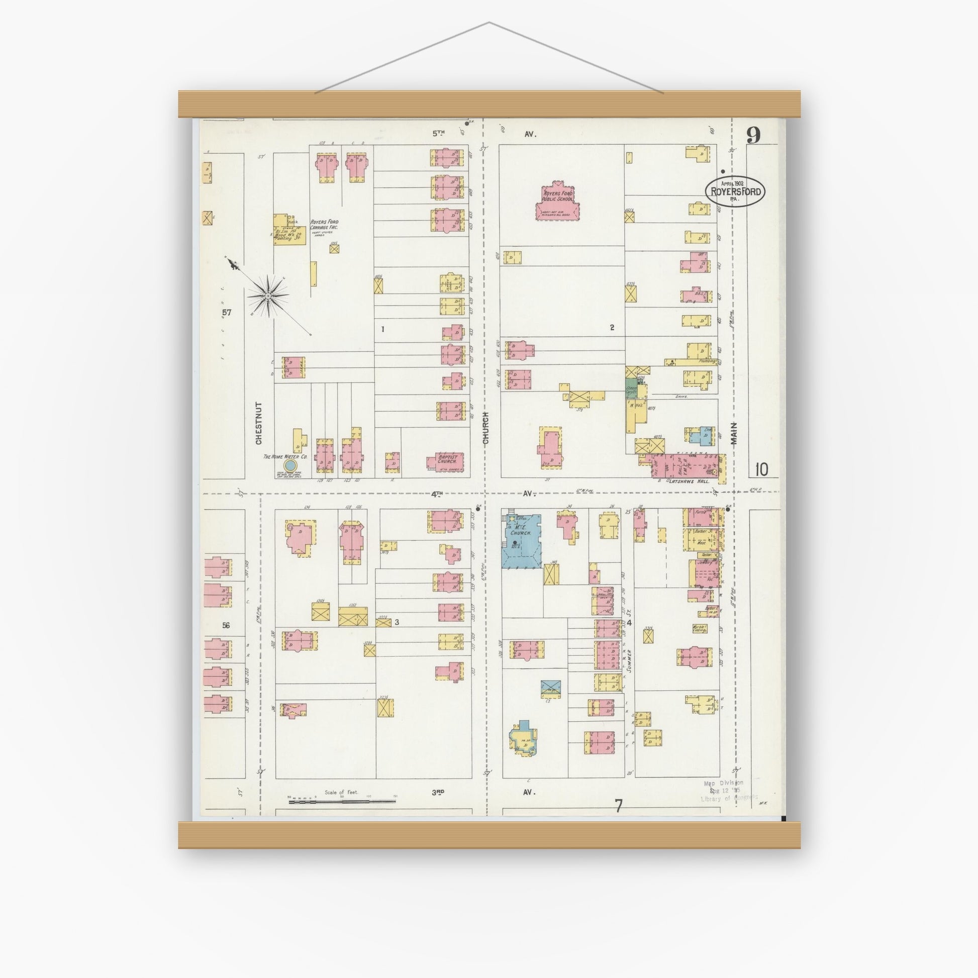 Old map wall art mockup — magnetic wood frame on white wall — Sanborn Fire Insurance Map from Royersford, Montgomery County, Pennsylvania (1902), Sheet #0009