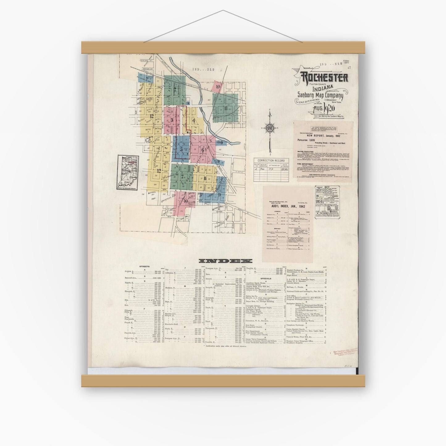 Old map wall art mockup — magnetic wood frame on white wall — Sanborn Fire Insurance Map from Rochester, Fulton County, Indiana (1942) - Complete Map Set