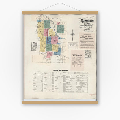 Old map wall art mockup — magnetic wood frame on white wall — Sanborn Fire Insurance Map from Rochester, Fulton County, Indiana (1942) - Complete Map Set