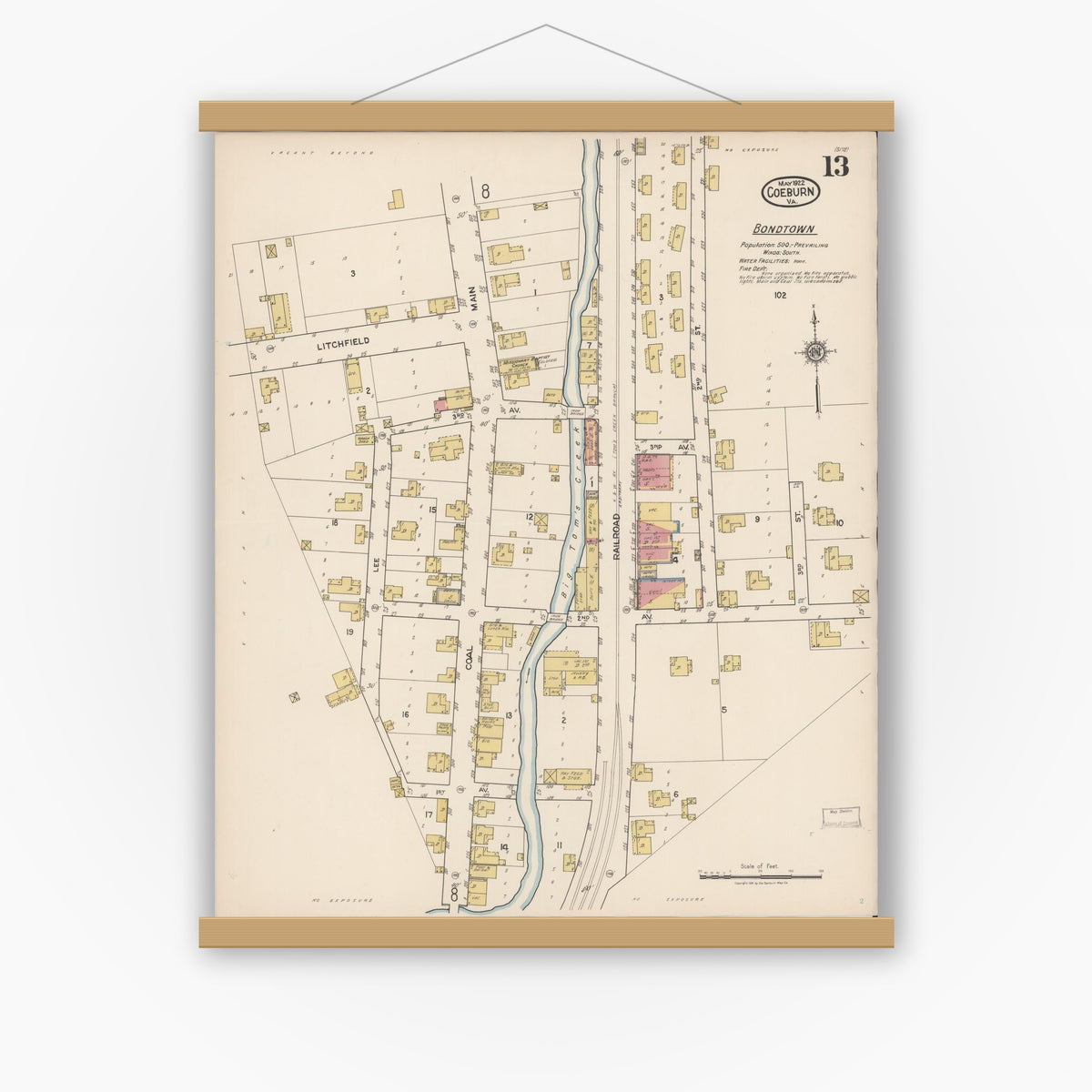Old map wall art mockup — magnetic wood frame on white wall — Sanborn Fire Insurance Map from Coeburn, Wise County, Virginia (1922), Sheet #0013
