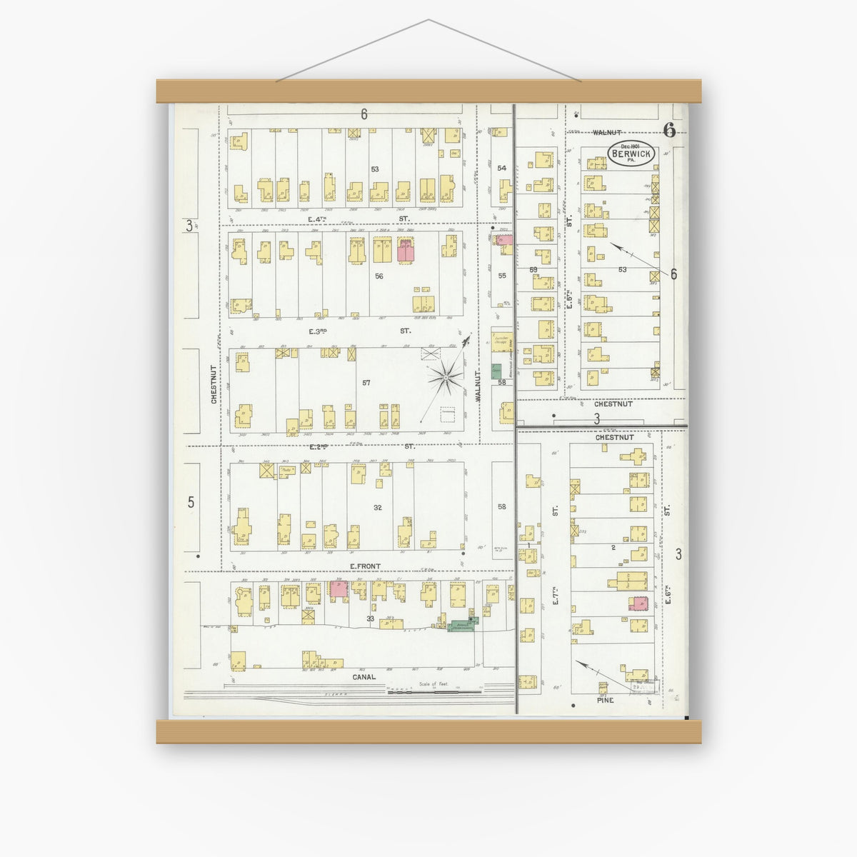 Old map wall art mockup — magnetic wood frame on white wall — Sanborn Fire Insurance Map from Berwick, Columbia County, Pennsylvania (1901), Sheet #0006