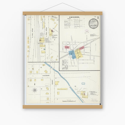 Old map wall art mockup — magnetic wood frame on white wall — Sanborn Fire Insurance Map from New London, Huron County, Ohio (1893) - Complete Map Set