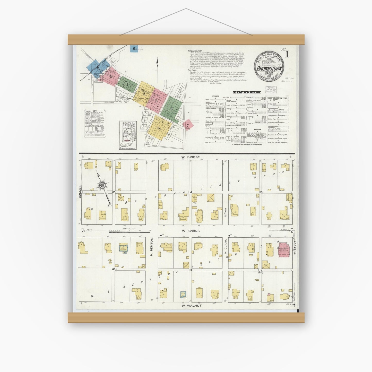 Old map wall art mockup — magnetic wood frame on white wall — Sanborn Fire Insurance Map from Brownstown, Jackson County, Indiana (1916), Sheet #0001