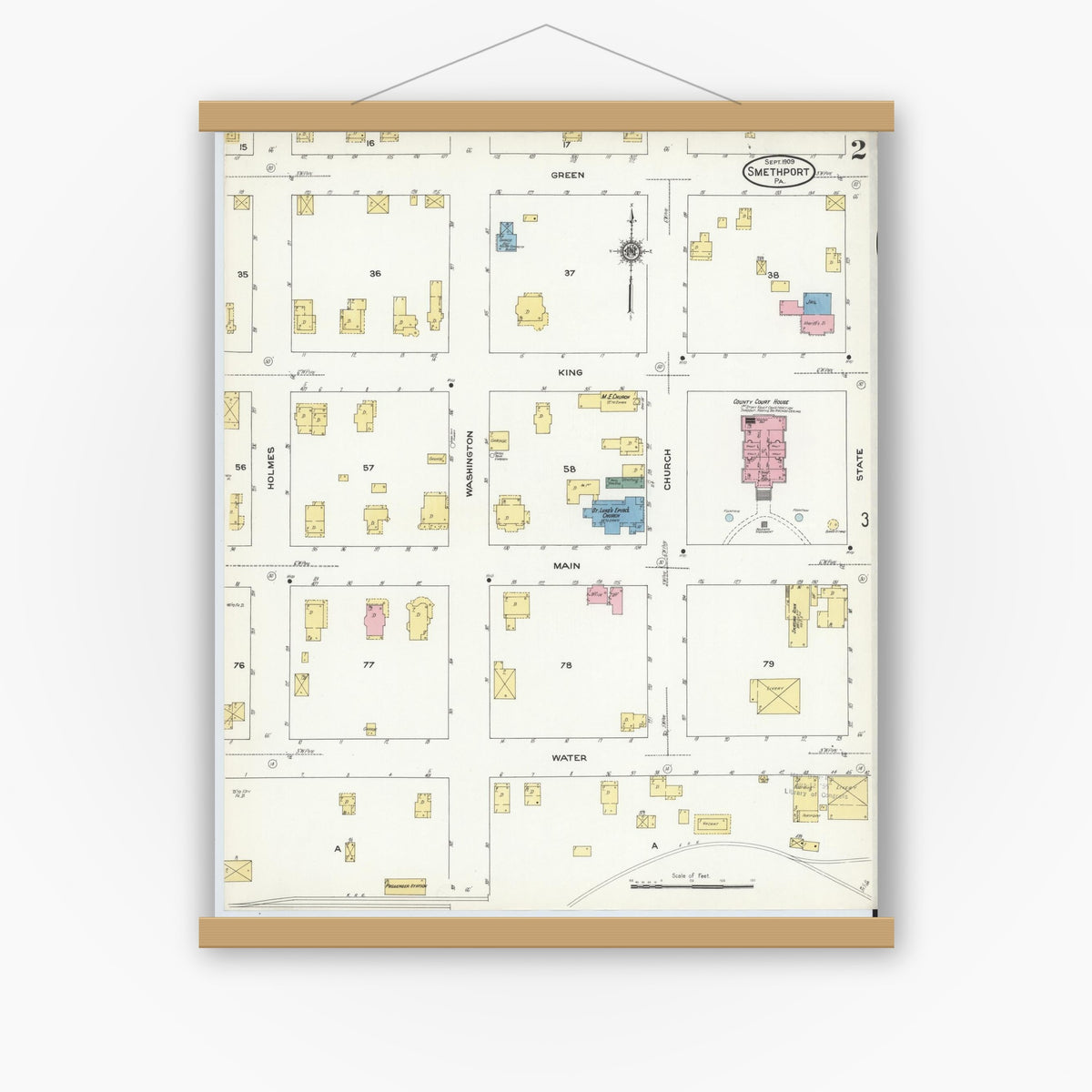 Old map wall art mockup — magnetic wood frame on white wall — Sanborn Fire Insurance Map from Smethport, McKean County, Pennsylvania (1909), Sheet #0002