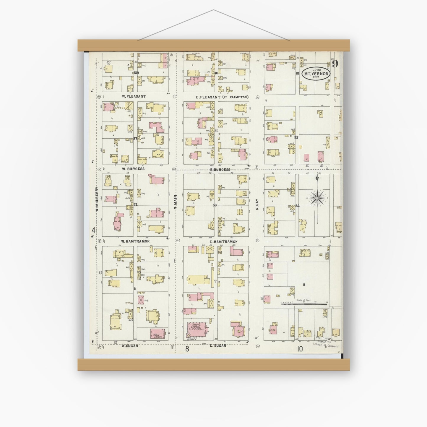 Old map wall art mockup — magnetic wood frame on white wall — Sanborn Fire Insurance Map from Mount Vernon, Knox County, Ohio (1897), Sheet #0009