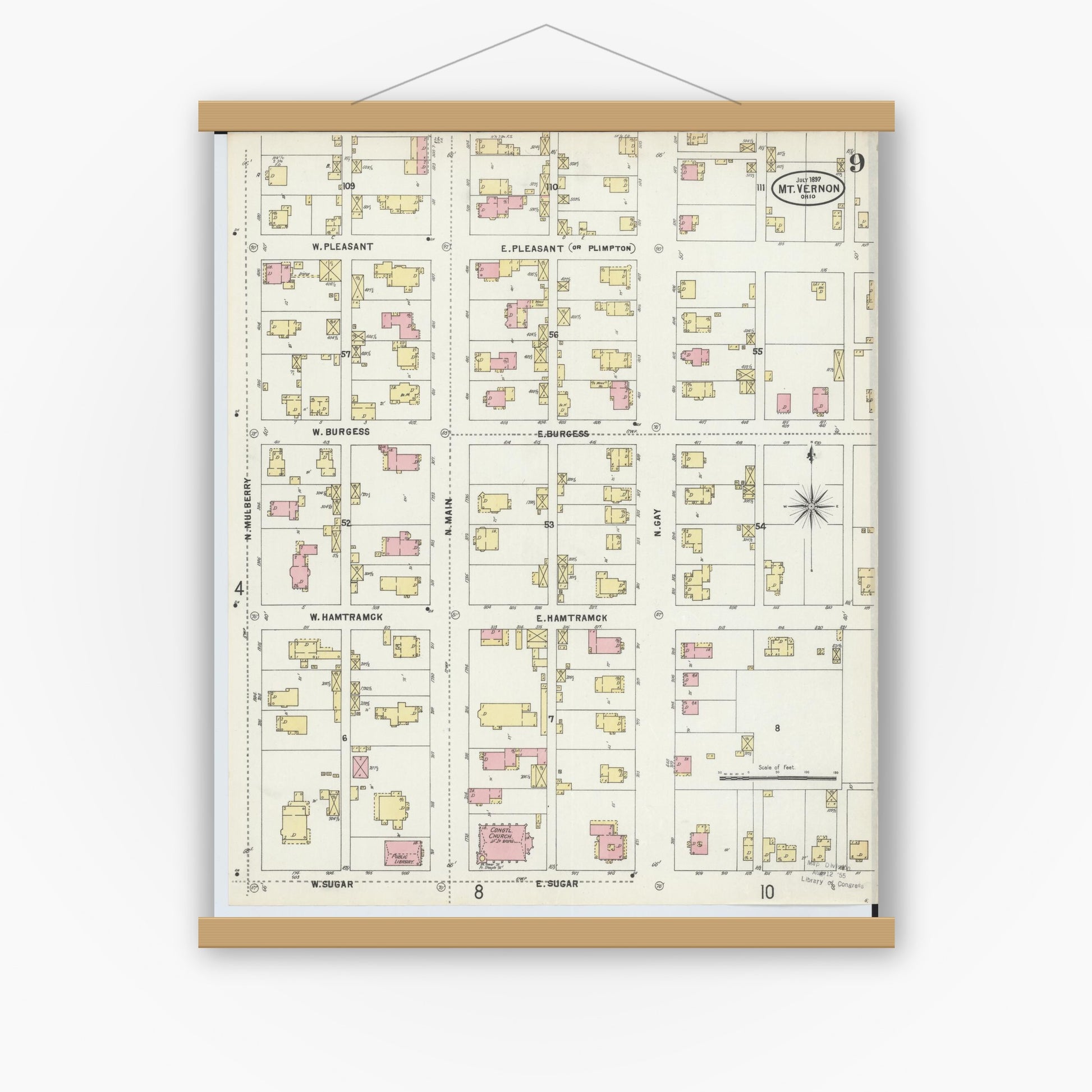 Old map wall art mockup — magnetic wood frame on white wall — Sanborn Fire Insurance Map from Mount Vernon, Knox County, Ohio (1897), Sheet #0009