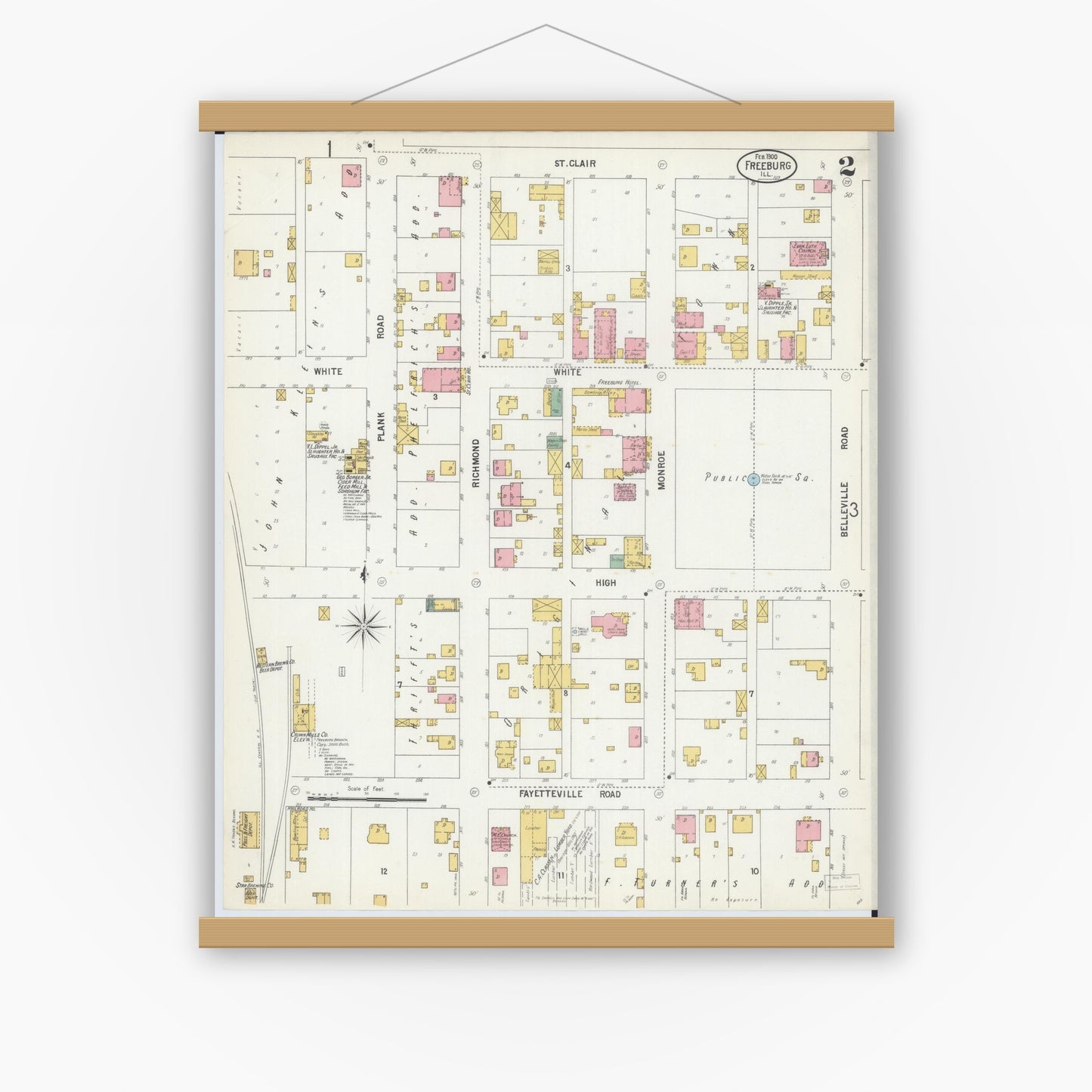 Old map wall art mockup — magnetic wood frame on white wall — Sanborn Fire Insurance Map from Freeburg, Saint Clair County, Illinois (1900), Sheet #0002