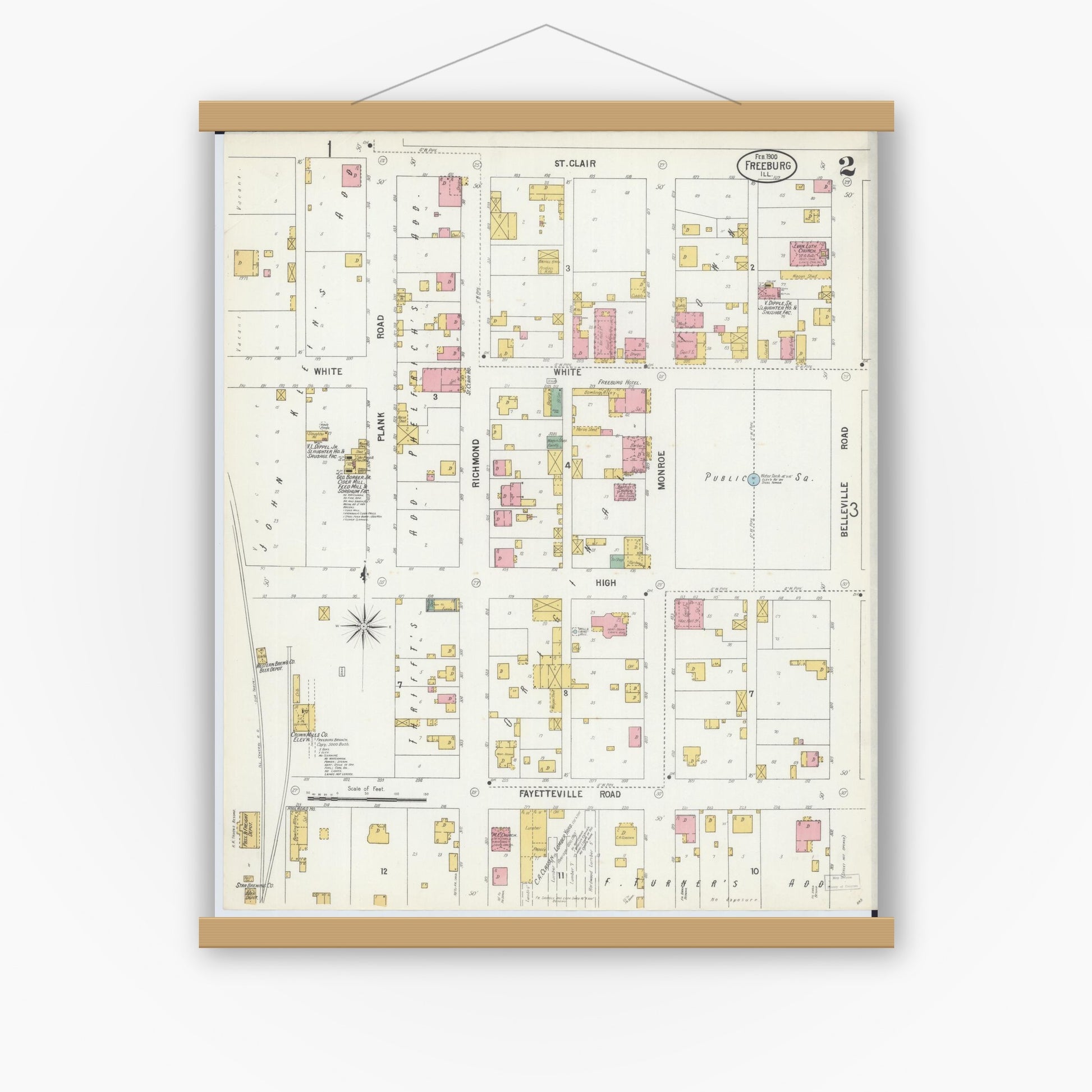 Old map wall art mockup — magnetic wood frame on white wall — Sanborn Fire Insurance Map from Freeburg, Saint Clair County, Illinois (1900), Sheet #0002