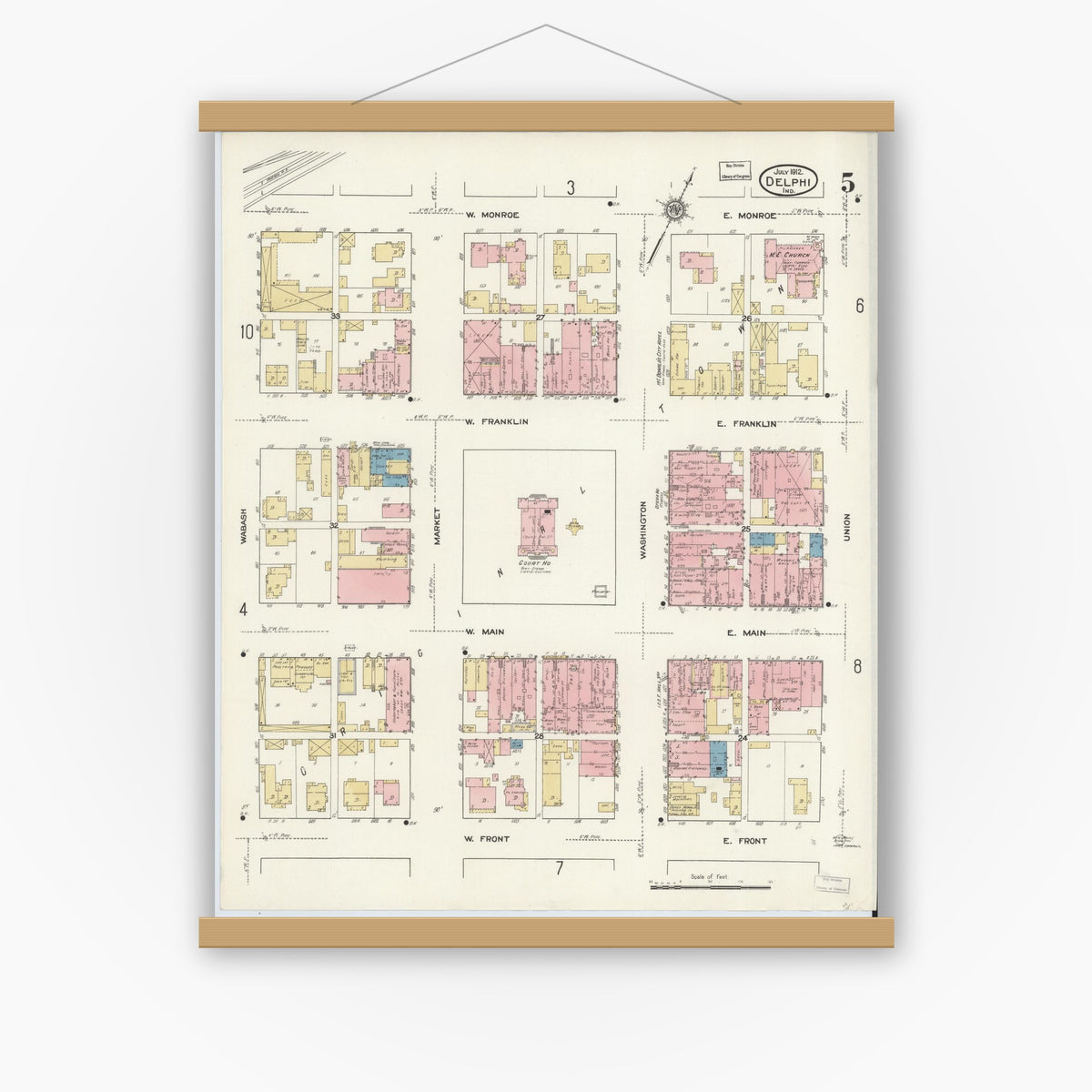 Old map wall art mockup — magnetic wood frame on white wall — Sanborn Fire Insurance Map from Delphi, Carroll County, Indiana (1912), Sheet #0005
