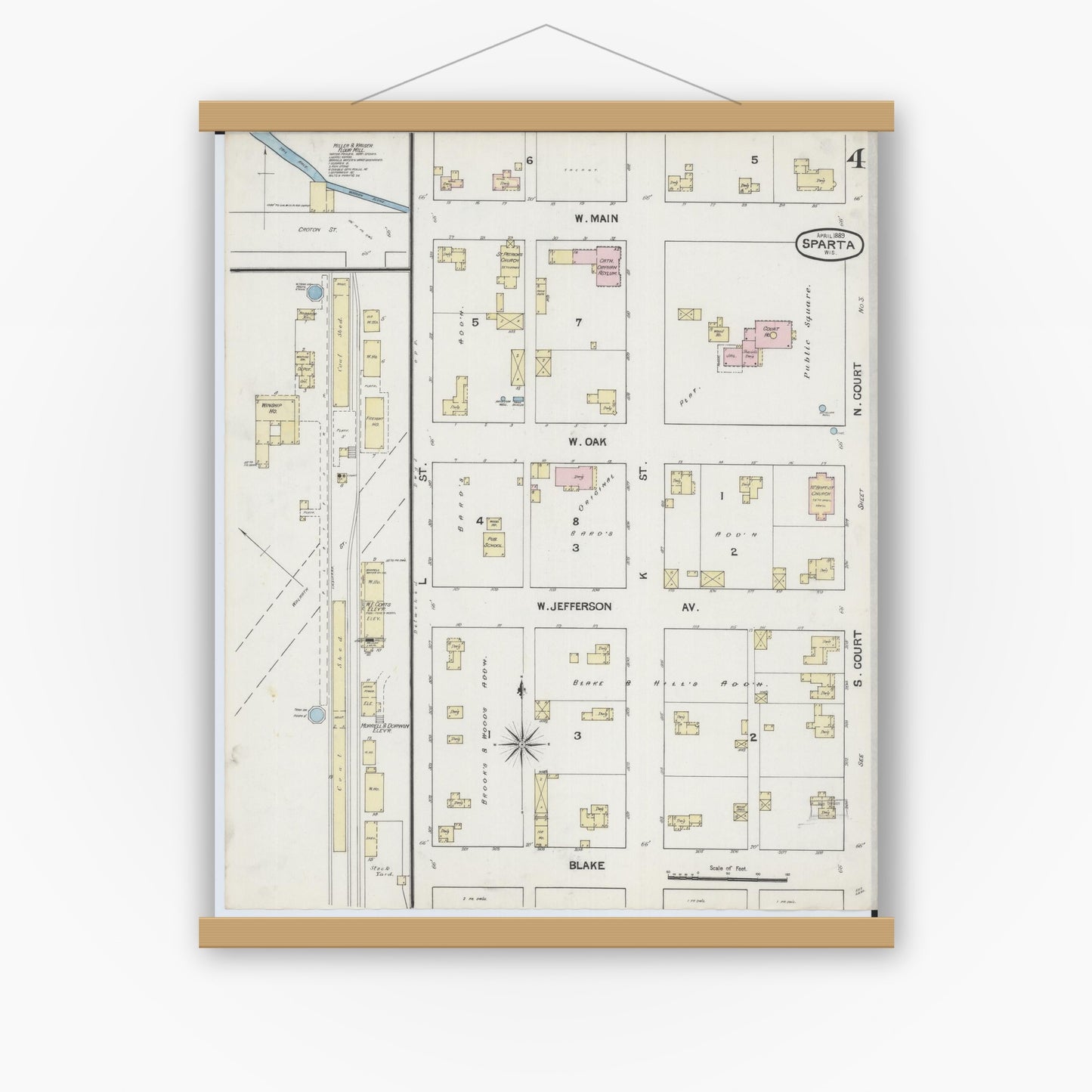 Old map wall art mockup — magnetic wood frame on white wall — Sanborn Fire Insurance Map from Sparta, Monroe County, Wisconsin (1889), Sheet #0004