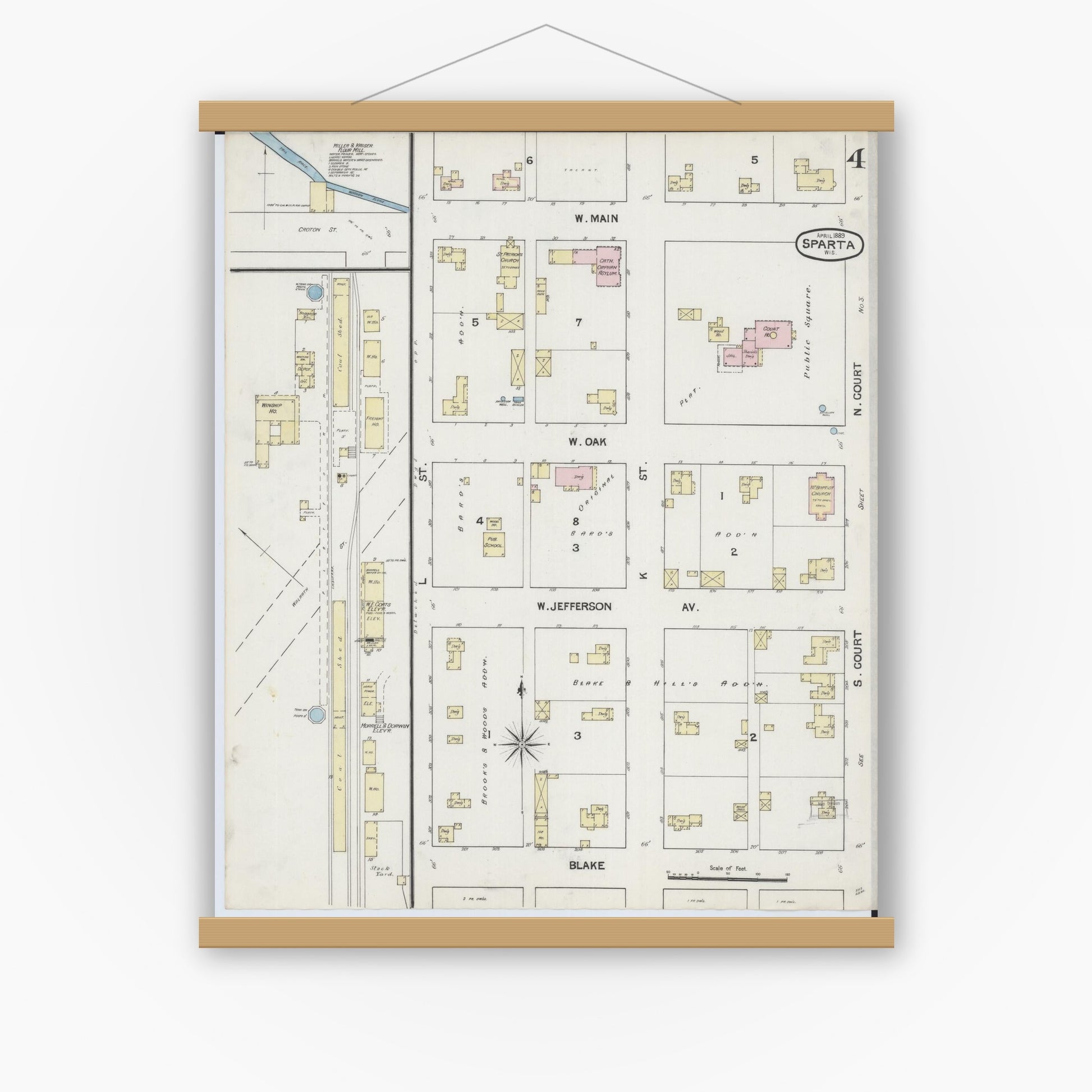 Old map wall art mockup — magnetic wood frame on white wall — Sanborn Fire Insurance Map from Sparta, Monroe County, Wisconsin (1889), Sheet #0004