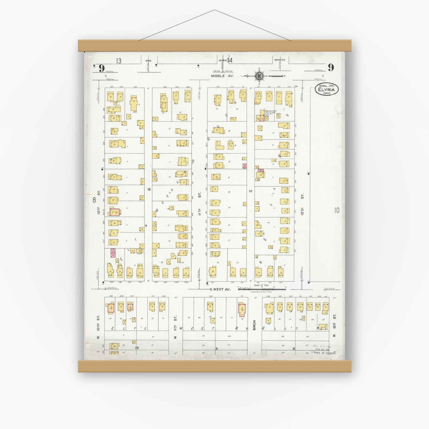 Old map wall art mockup — magnetic wood frame on white wall — Sanborn Fire Insurance Map from Elyria, Lorain County, Ohio (1925), Sheet #0009