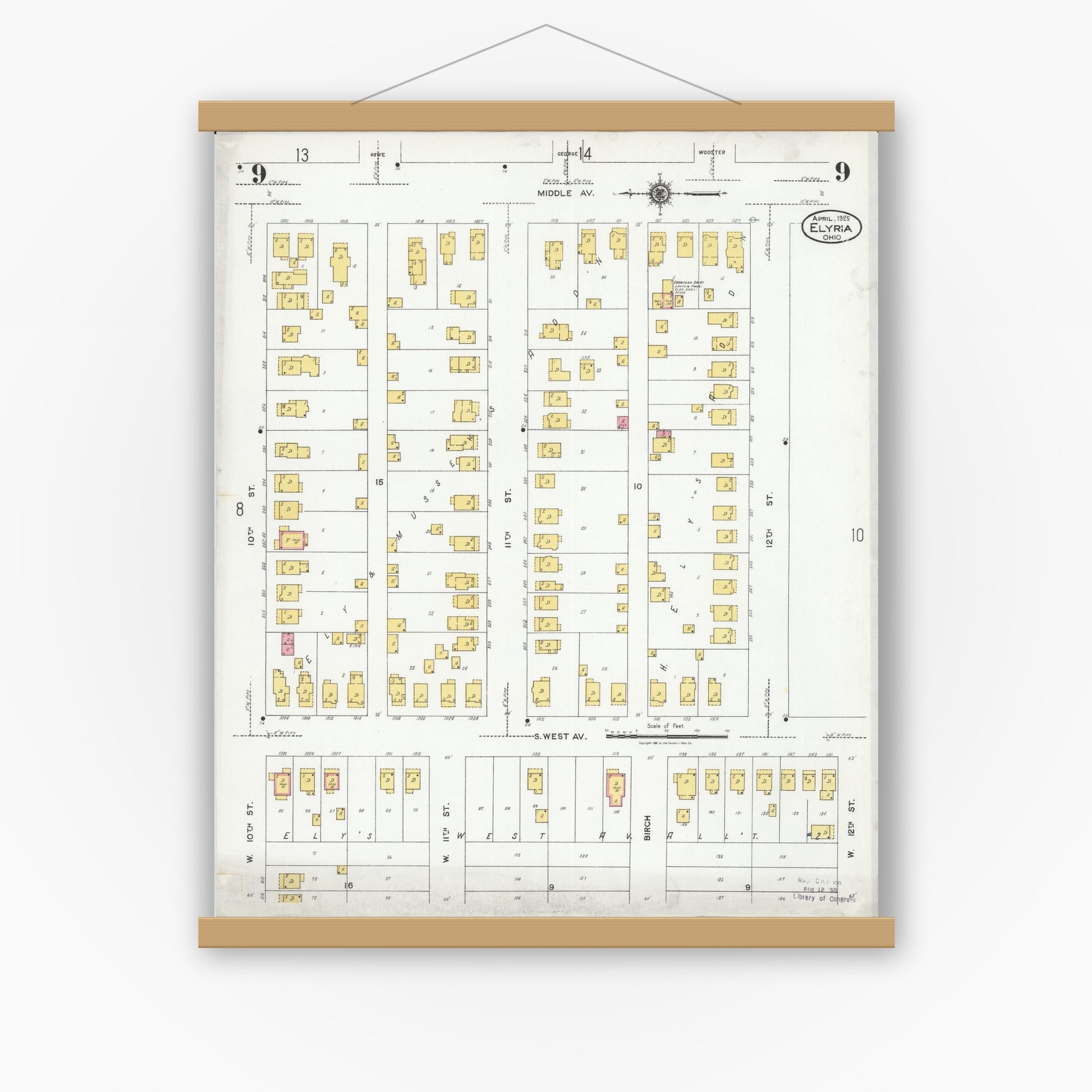 Old map wall art mockup — magnetic wood frame on white wall — Sanborn Fire Insurance Map from Elyria, Lorain County, Ohio (1925), Sheet #0009