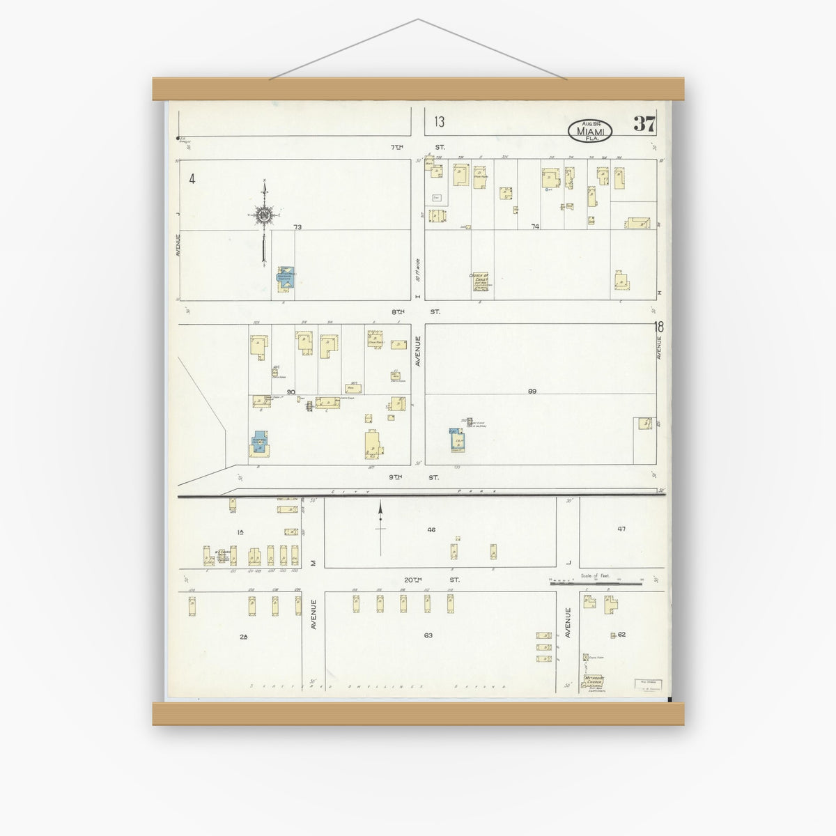 Old map wall art mockup — magnetic wood frame on white wall — Sanborn Fire Insurance Map from Miami, Dade County, Florida (1914), Sheet #0037