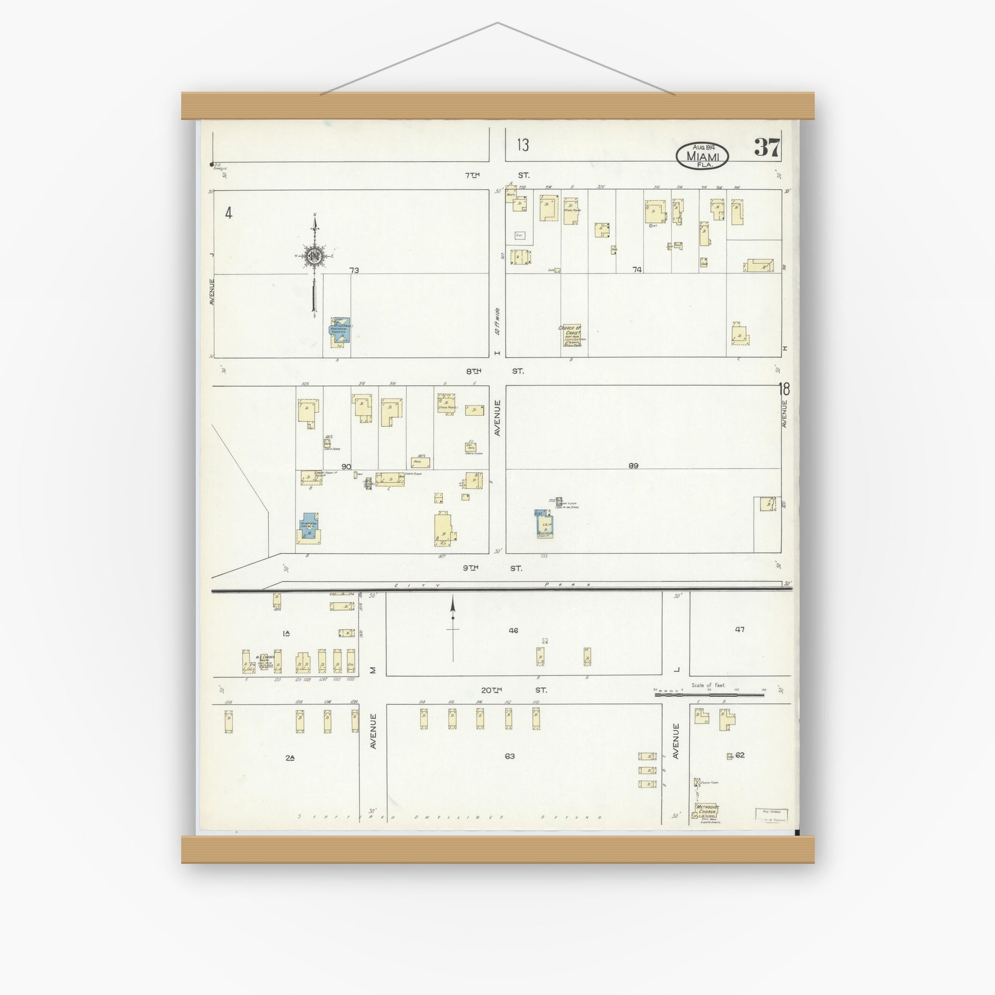 Old map wall art mockup — magnetic wood frame on white wall — Sanborn Fire Insurance Map from Miami, Dade County, Florida (1914), Sheet #0037