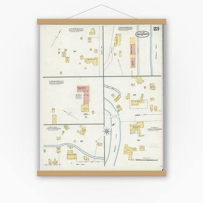Old map wall art mockup — magnetic wood frame on white wall — Sanborn Fire Insurance Map from Stroudsburg, Monroe County, Pennsylvania (1905), Sheet #0023