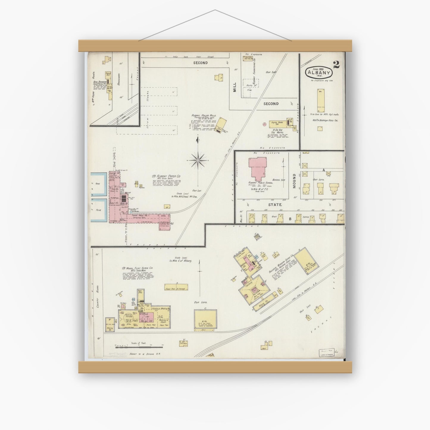Old map wall art mockup — magnetic wood frame on white wall — Sanborn Fire Insurance Map from Albany, Delaware County, Indiana (1895), Sheet #0002
