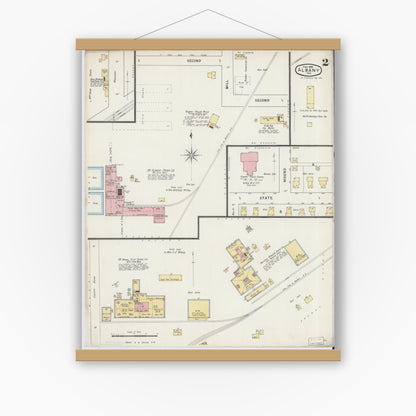 Old map wall art mockup — magnetic wood frame on white wall — Sanborn Fire Insurance Map from Albany, Delaware County, Indiana (1895), Sheet #0002