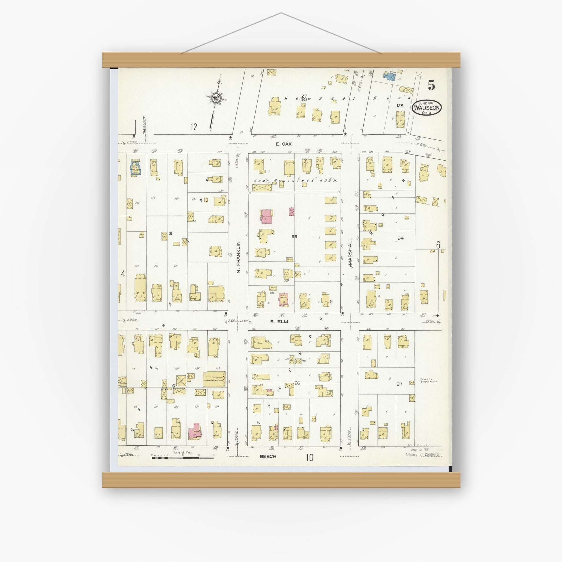 Old map wall art mockup — magnetic wood frame on white wall — Sanborn Fire Insurance Map from Wauseon, Fulton County, Ohio (1916), Sheet #0005