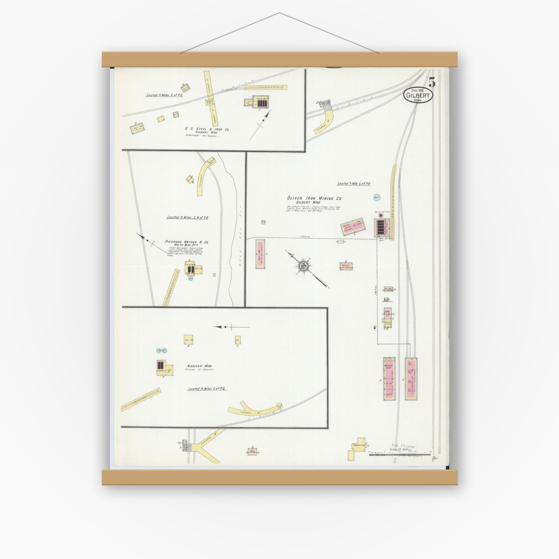 Old map wall art mockup — magnetic wood frame on white wall — Sanborn Fire Insurance Map from Gilbert, Saint Louis County, Minnesota (1912), Sheet #0005