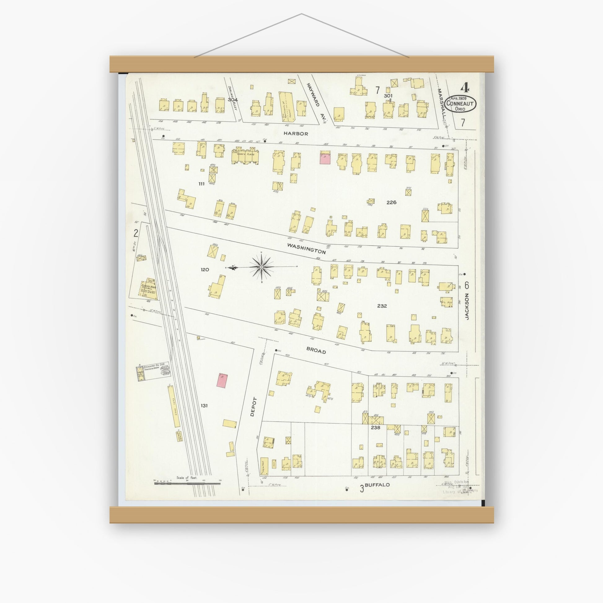 Old map wall art mockup — magnetic wood frame on white wall — Sanborn Fire Insurance Map from Conneaut, Ashtabula County, Ohio (1909), Sheet #0004