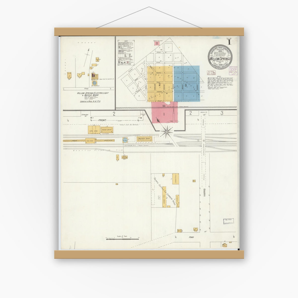 Old map wall art mockup — magnetic wood frame on white wall — Sanborn Fire Insurance Map from Willow Springs, Howell County, Missouri (1906) - Complete Map Set