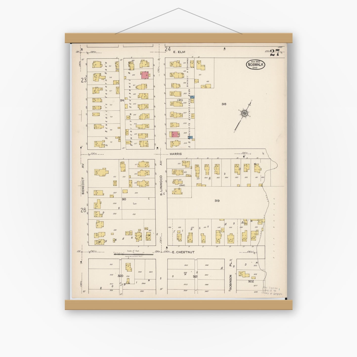 Old map wall art mockup — magnetic wood frame on white wall — Sanborn Fire Insurance Map from Norwalk, Huron County, Ohio (1922), Sheet #0027