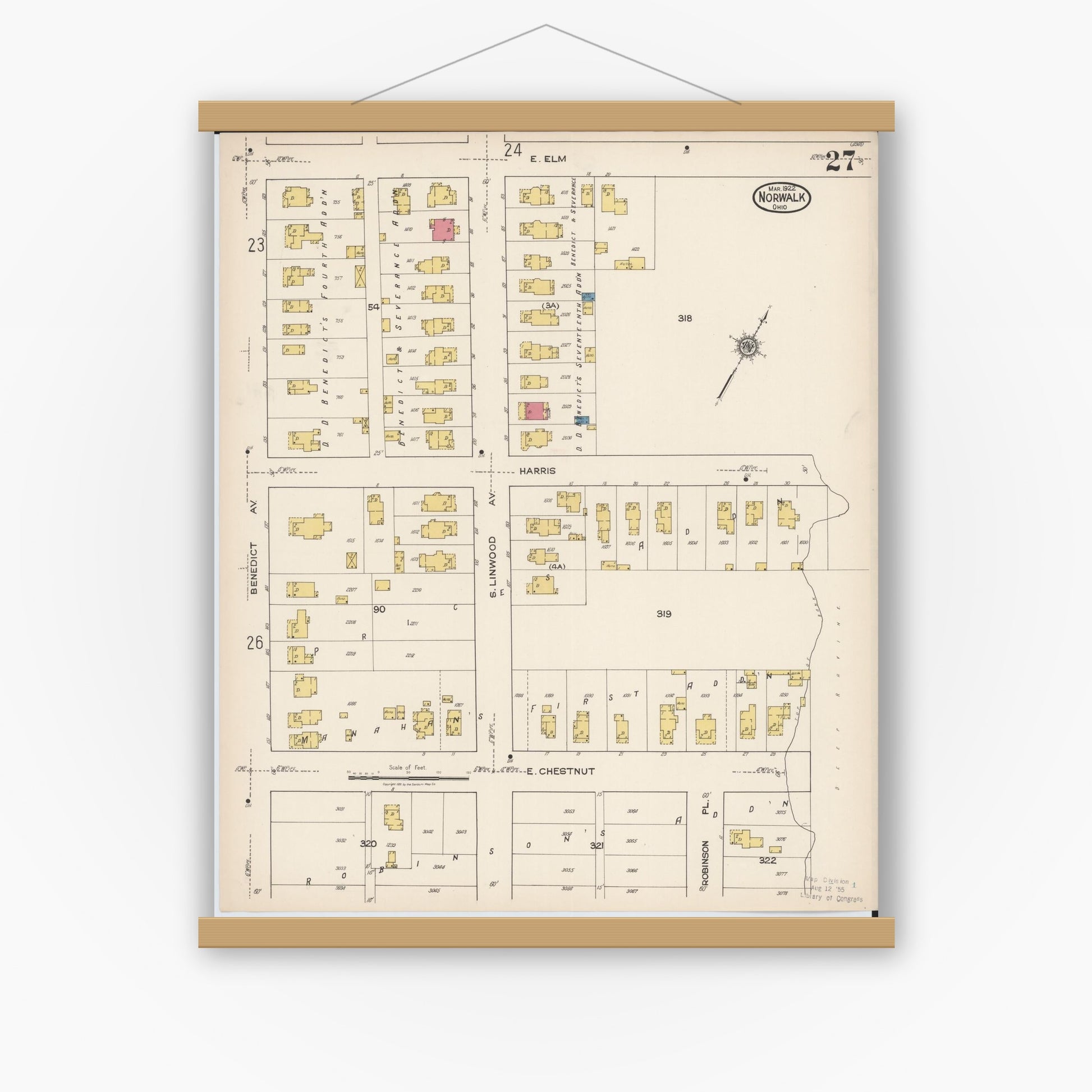 Old map wall art mockup — magnetic wood frame on white wall — Sanborn Fire Insurance Map from Norwalk, Huron County, Ohio (1922), Sheet #0027