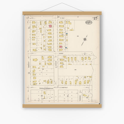 Old map wall art mockup — magnetic wood frame on white wall — Sanborn Fire Insurance Map from Norwalk, Huron County, Ohio (1922), Sheet #0027