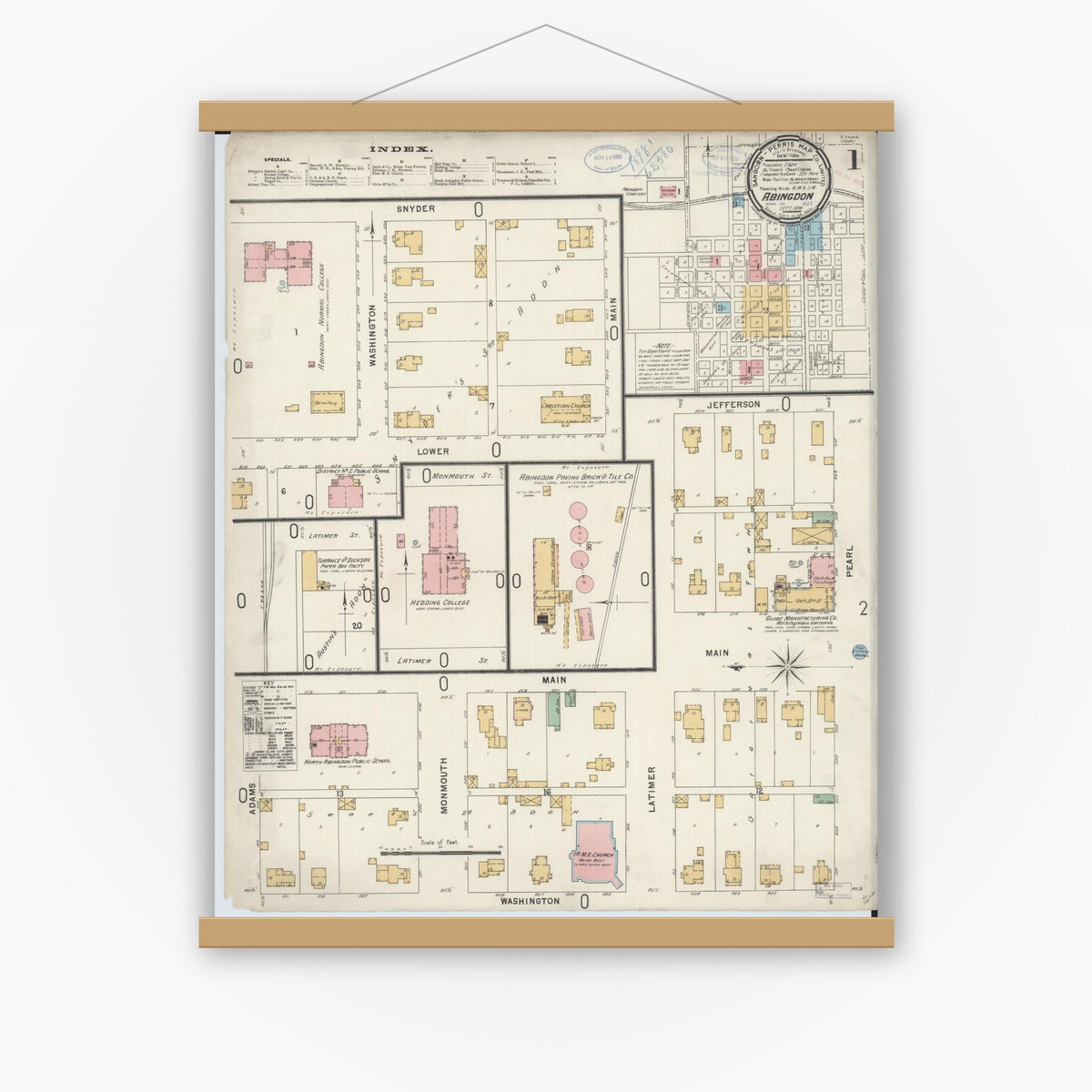 Old map wall art mockup — magnetic wood frame on white wall — Sanborn Fire Insurance Map from Abingdon, Knox County, Illinois (1898), Sheet #0001
