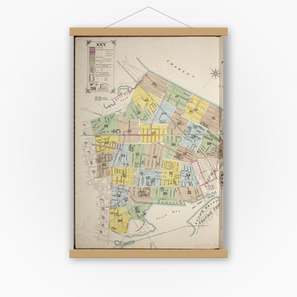 Old map wall art mockup — magnetic wood frame on white wall — Sanborn Fire Insurance Map from Boston, Suffolk County, Massachusetts (1887), Sheet #0001