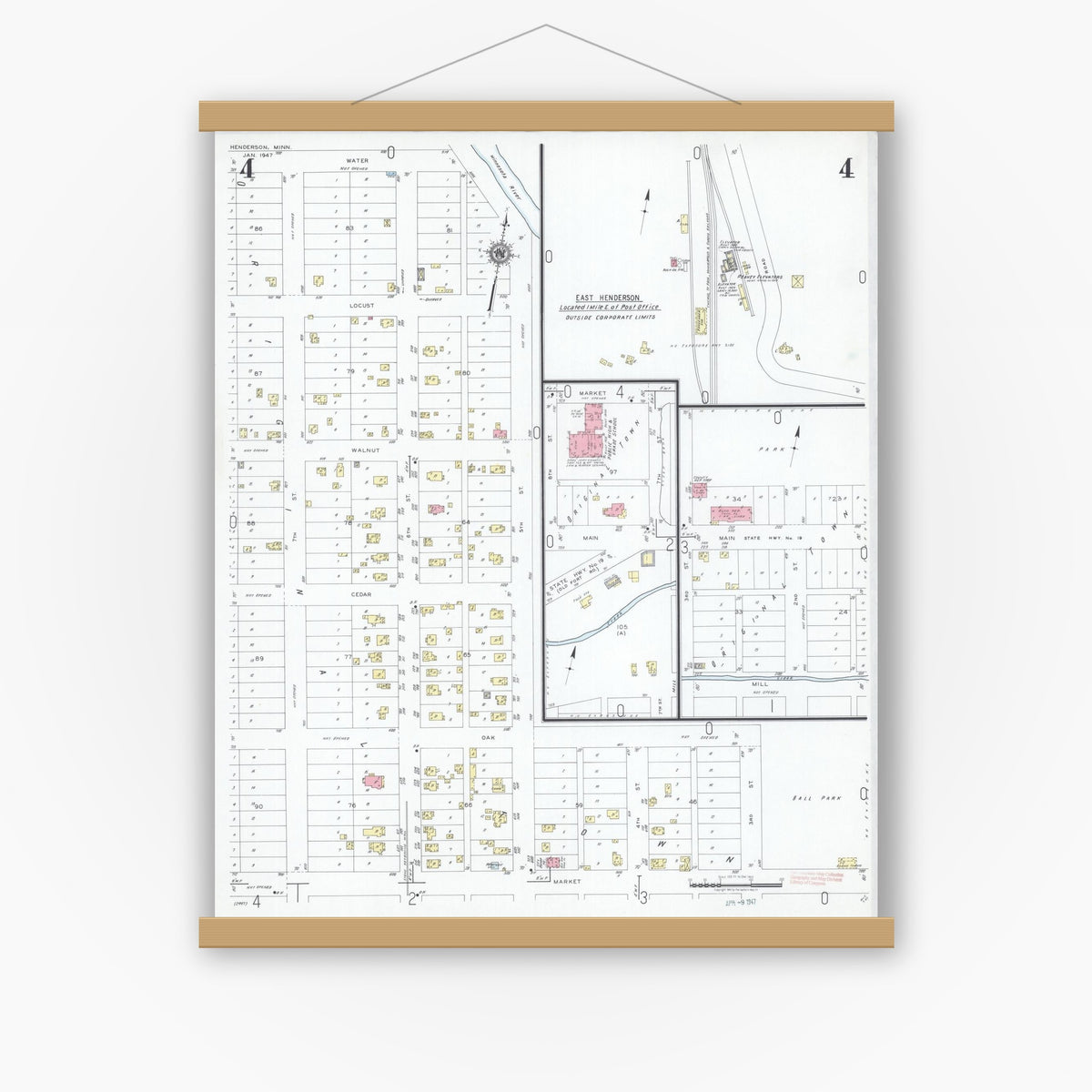Old map wall art mockup — magnetic wood frame on white wall — Sanborn Fire Insurance Map from Henderson, Sibley County, Minnesota (1947), Sheet #0004