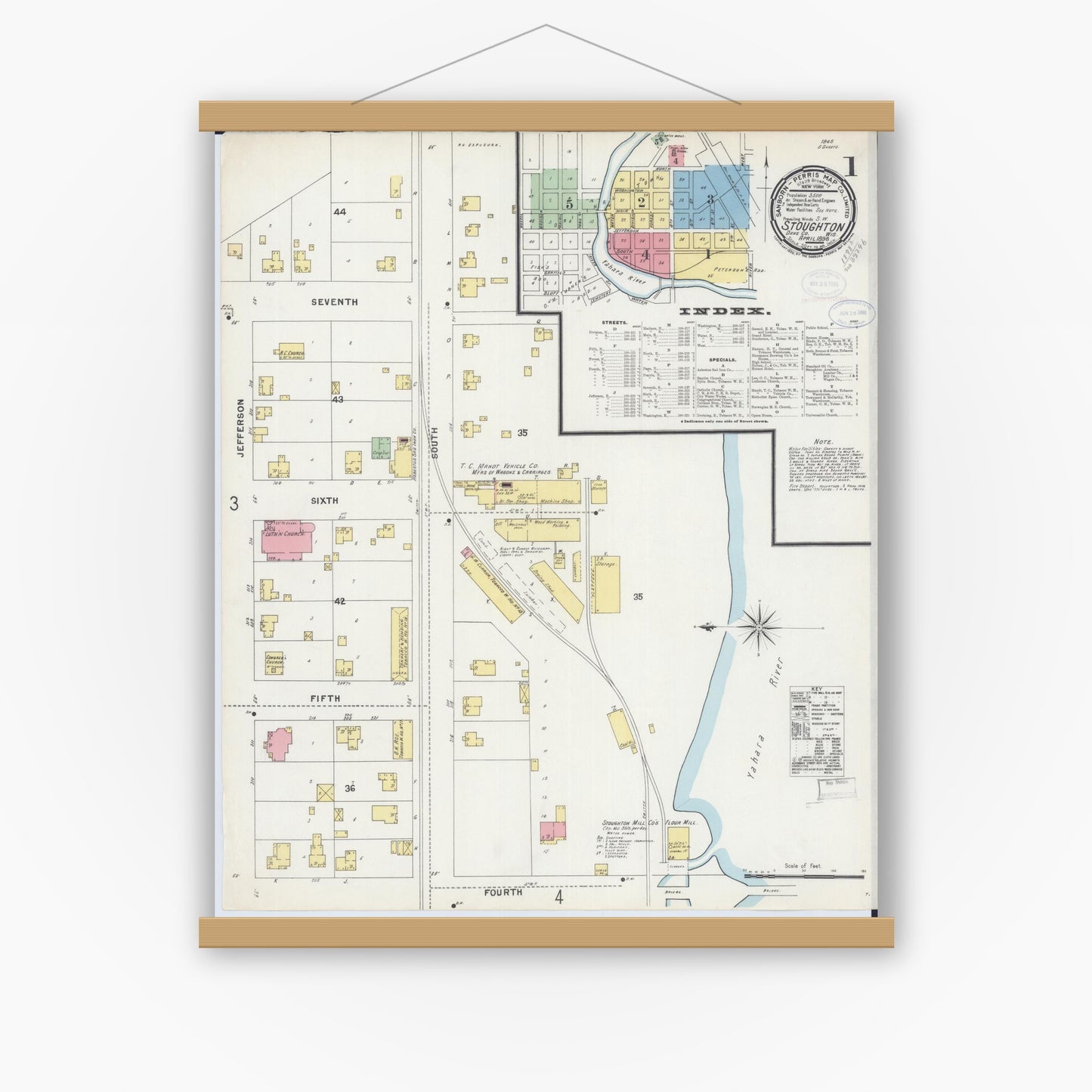 Old map wall art mockup — magnetic wood frame on white wall — Sanborn Fire Insurance Map from Stoughton, Dane County, Wisconsin (1898), Sheet #0001
