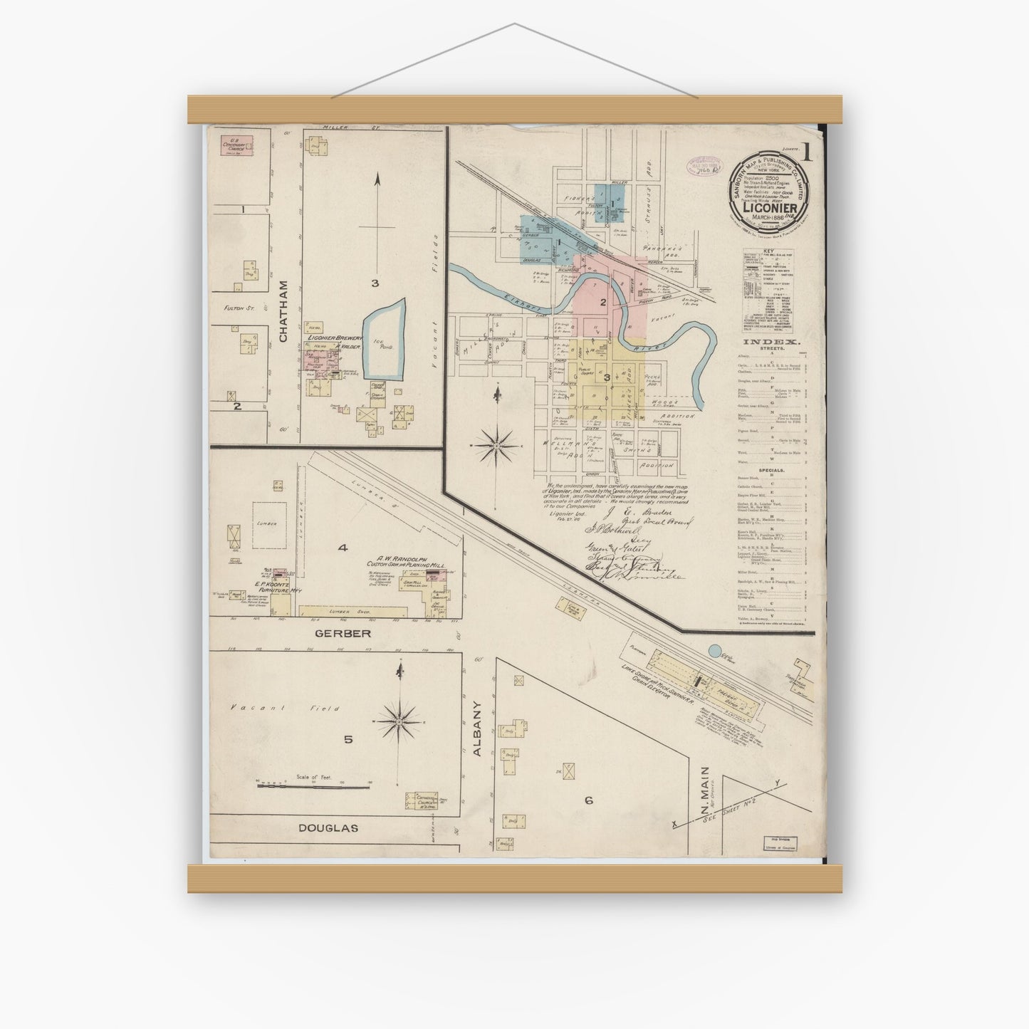 Old map wall art mockup — magnetic wood frame on white wall — Sanborn Fire Insurance Map from Ligonier, Noble County, Indiana (1886) - Complete Map Set