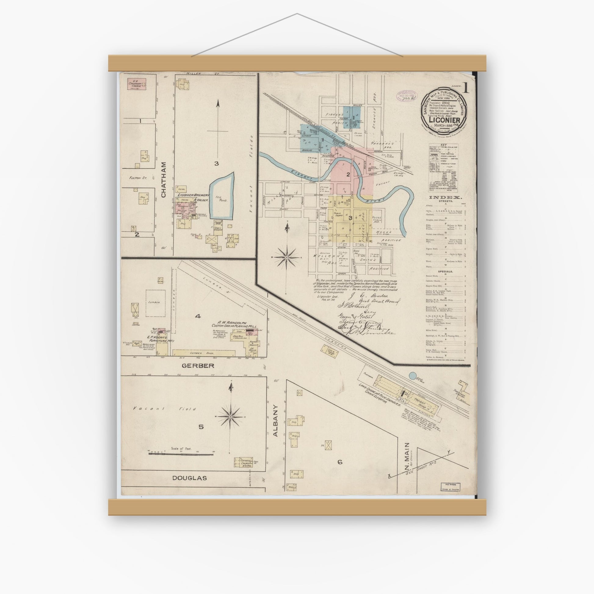 Old map wall art mockup — magnetic wood frame on white wall — Sanborn Fire Insurance Map from Ligonier, Noble County, Indiana (1886) - Complete Map Set