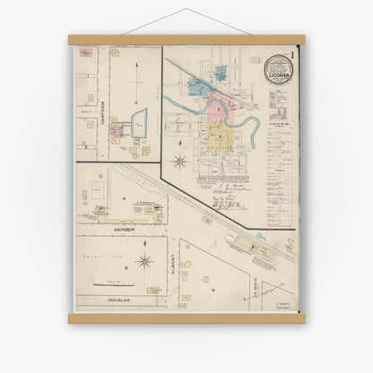 Old map wall art mockup — magnetic wood frame on white wall — Sanborn Fire Insurance Map from Ligonier, Noble County, Indiana (1886) - Complete Map Set