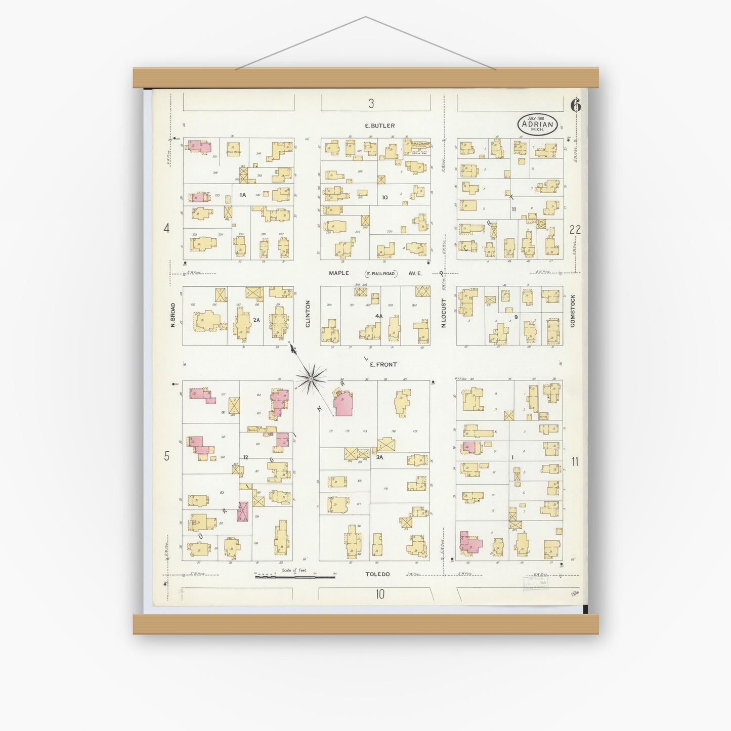Old map wall art mockup — magnetic wood frame on white wall — Sanborn Fire Insurance Map from Adrian, Lenawee County, Michigan (1908), Sheet #0006