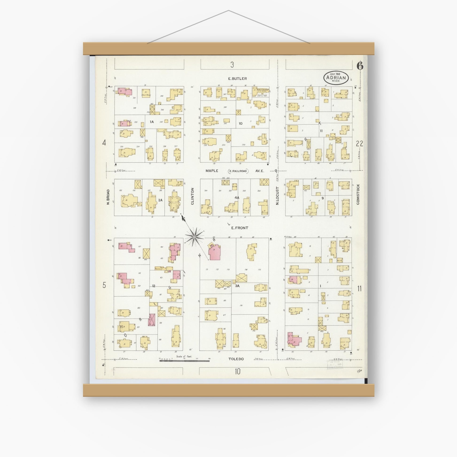 Old map wall art mockup — magnetic wood frame on white wall — Sanborn Fire Insurance Map from Adrian, Lenawee County, Michigan (1908), Sheet #0006