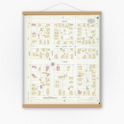 Old map wall art mockup — magnetic wood frame on white wall — Sanborn Fire Insurance Map from Adrian, Lenawee County, Michigan (1908), Sheet #0006