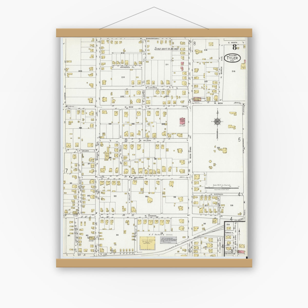 Old map wall art mockup — magnetic wood frame on white wall — Sanborn Fire Insurance Map from Tyler, Smith County, Texas (1919), Sheet #0008
