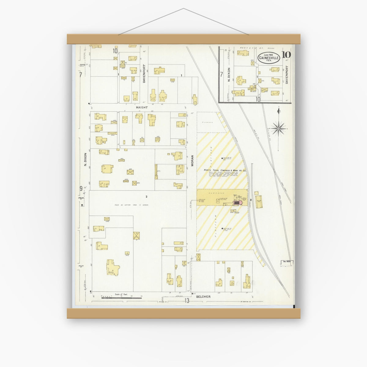 Old map wall art mockup — magnetic wood frame on white wall — Sanborn Fire Insurance Map from Gainesville, Cooke County, Texas (1908), Sheet #0010