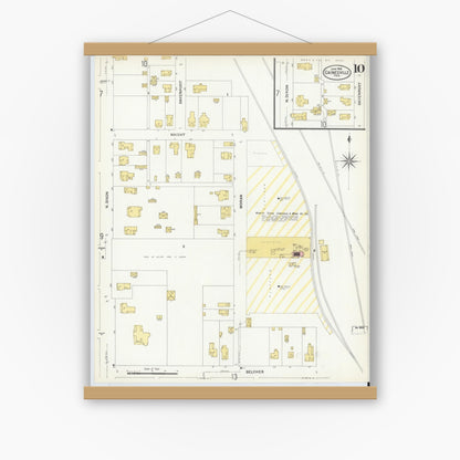 Old map wall art mockup — magnetic wood frame on white wall — Sanborn Fire Insurance Map from Gainesville, Cooke County, Texas (1908), Sheet #0010