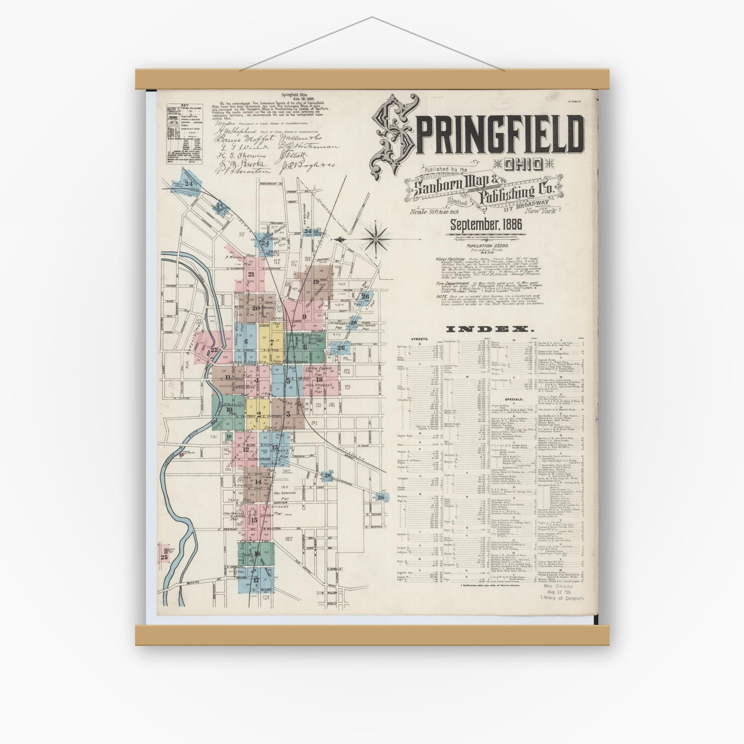 Old map wall art mockup — magnetic wood frame on white wall — Sanborn Fire Insurance Map from Springfield, Clark County, Ohio (1886), Sheet #0001