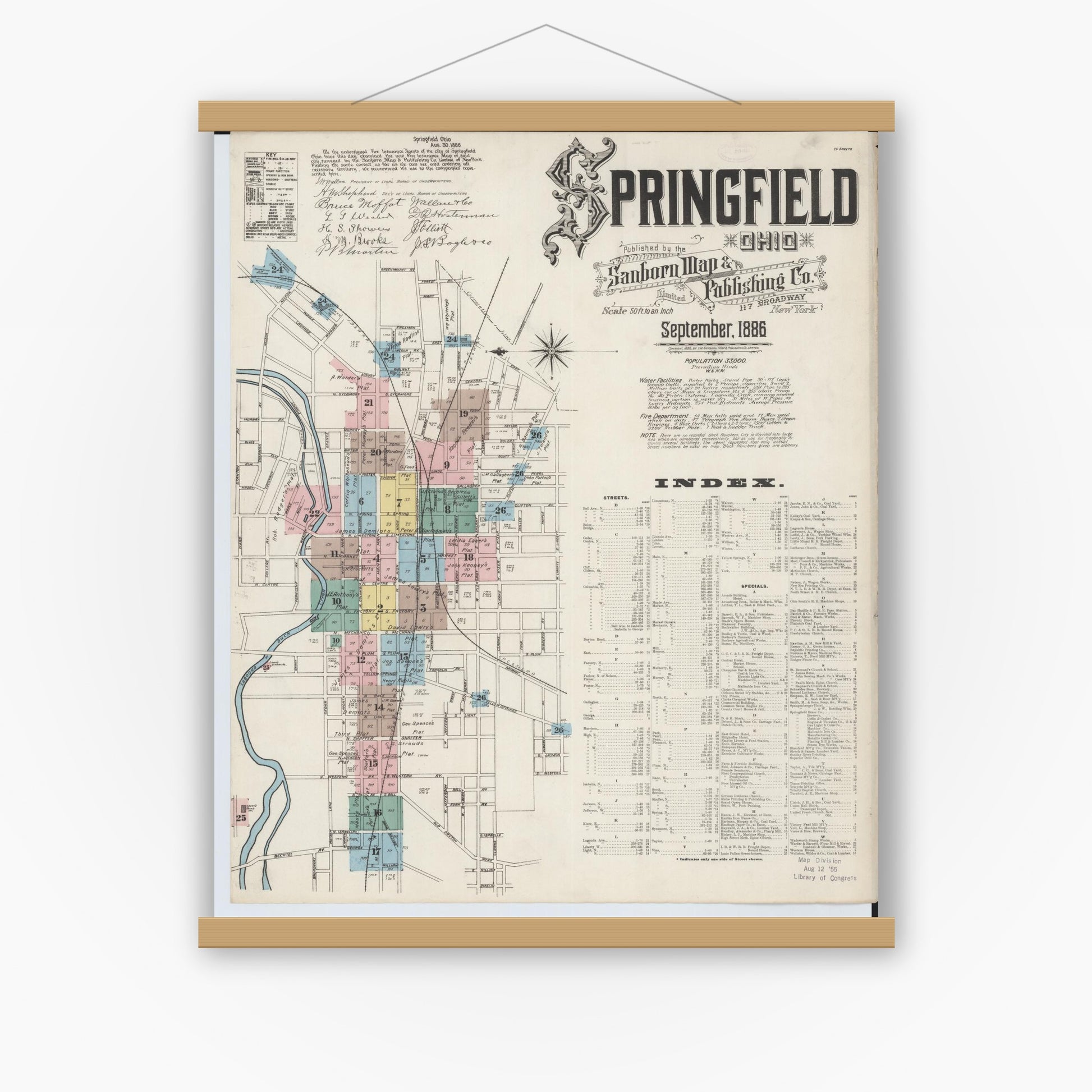 Old map wall art mockup — magnetic wood frame on white wall — Sanborn Fire Insurance Map from Springfield, Clark County, Ohio (1886), Sheet #0001