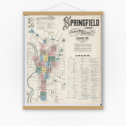 Old map wall art mockup — magnetic wood frame on white wall — Sanborn Fire Insurance Map from Springfield, Clark County, Ohio (1886), Sheet #0001