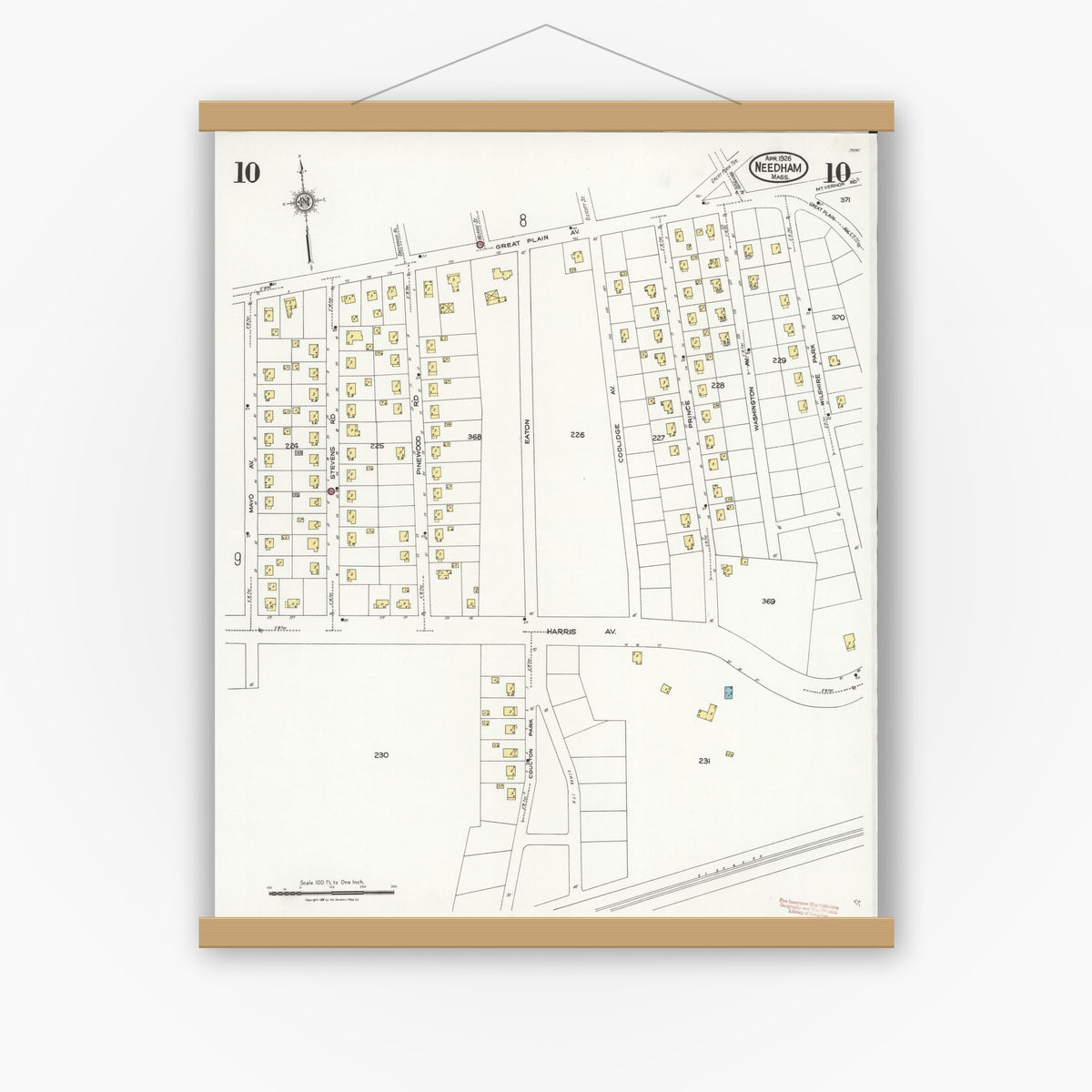 Old map wall art mockup — magnetic wood frame on white wall — Sanborn Fire Insurance Map from Needham, Norfolk County, Massachusetts (1926), Sheet #0010