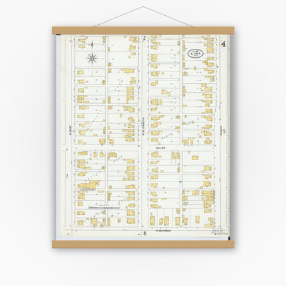 Old map wall art mockup — magnetic wood frame on white wall — Sanborn Fire Insurance Map from Lima, Allen County, Ohio (1905), Sheet #0004