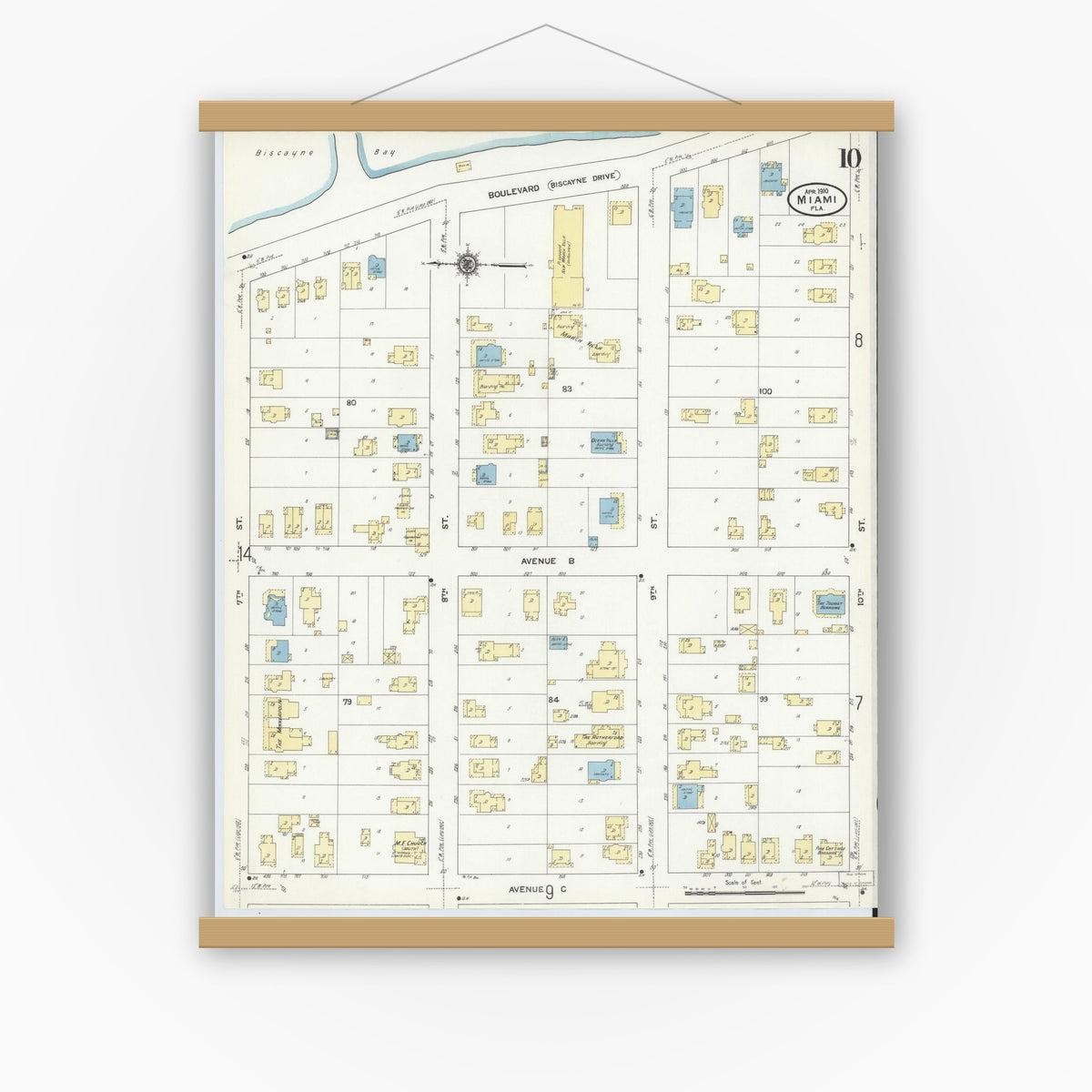 Old map wall art mockup — magnetic wood frame on white wall — Sanborn Fire Insurance Map from Miami, Dade County, Florida (1910), Sheet #0010