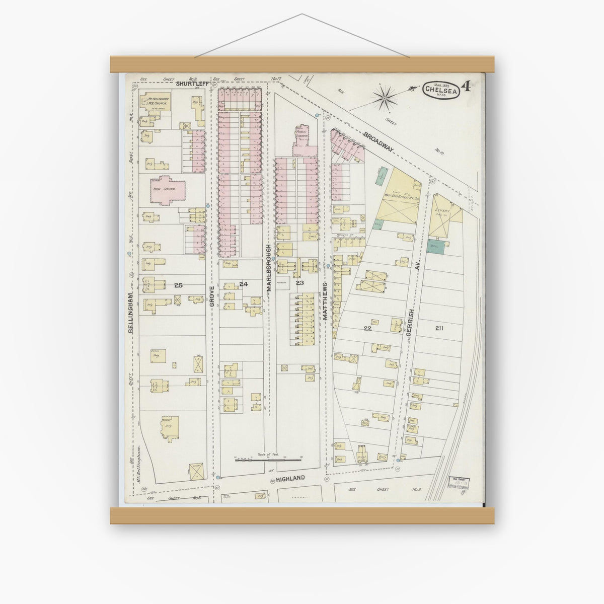 Old map wall art mockup — magnetic wood frame on white wall — Sanborn Fire Insurance Map from Chelsea, Suffolk County, Massachusetts (1889), Sheet #0004