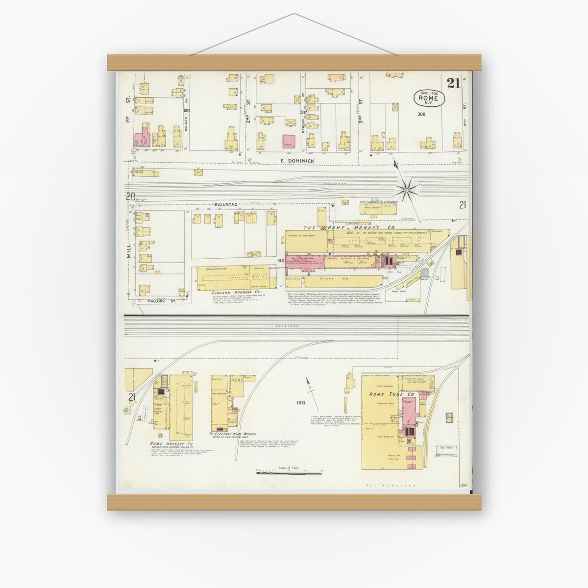 Old map wall art mockup — magnetic wood frame on white wall — Sanborn Fire Insurance Map from Rome, Oneida County, New York (1904), Sheet #0021